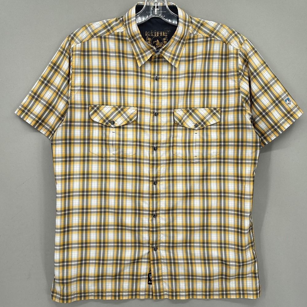 Kuhl Shirt Mens Large Yellow Gray Plaid Snap Up Short Sleeve Outdoor Hiking